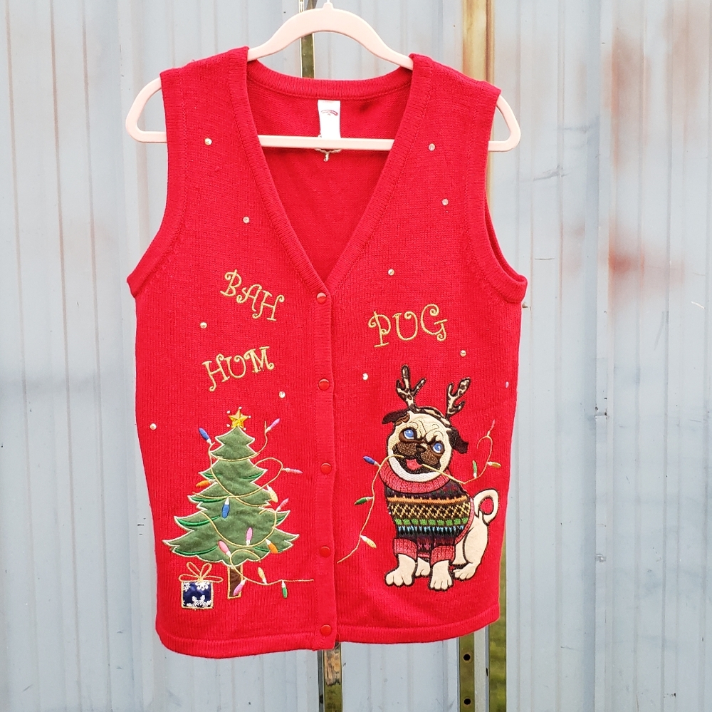 Holiday Time Red Bah Hum Pug Sweater Vest